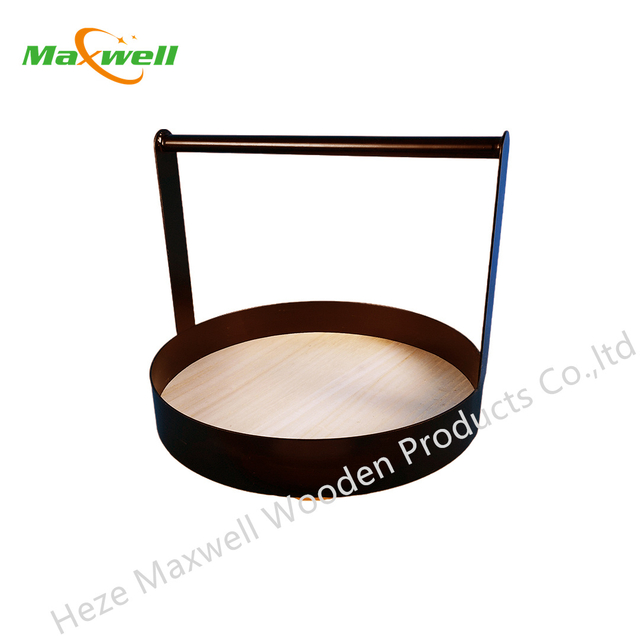 Round Wood Serving Tray with Metal Edges