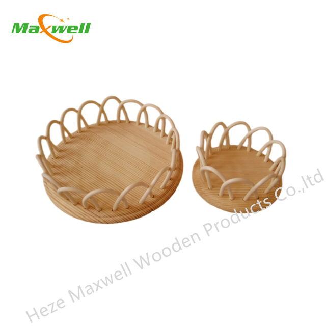 Wood Round Serving Tray-Rattan Edges