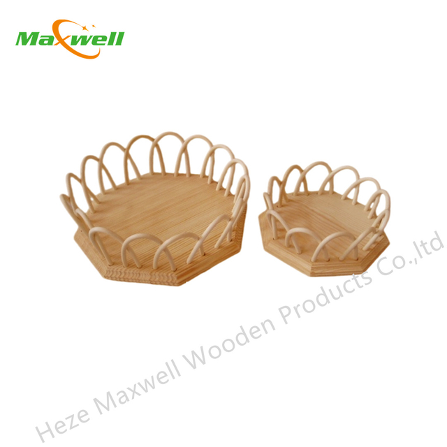 Wood Hexagon Serving Tray-Rattan Edges